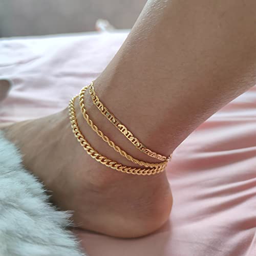Dearmay Gold Anklets 14K Gold Ankle Bracelets For Women 3Pcs Rope Cuban Link Layered Cute Summer Beach Anklets Jewelry Gift For Women Teen Girls #TOP2