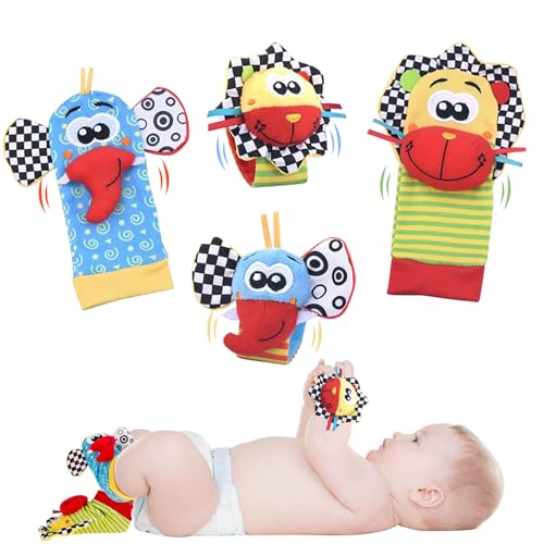Muñeca sonajero calcetines y buscador de pies juguetes para bebé, 4 piezas juguetes educativos para bebés recién nacidos, niños y niñas de 0 a 12 meses, regalos para baby shower, cumpleaños del bebé