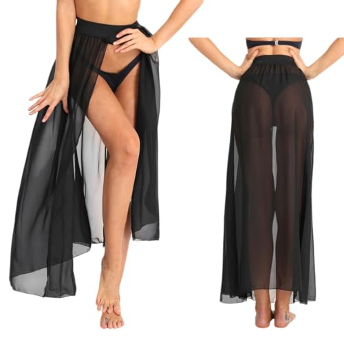 Falda larga de playa para mujer en color negro talla XXL con gasa transparente y abertura alta 2