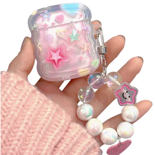 Minscose Compatible With Airpods Clear Case,Cute 3D Stars Graffiti Pattern Design With Love Pendant Colorful Round Bead Keychain, Soft Tpu Protective Shockproof Case For Airpod 1&2 For Girls Women #TOP6