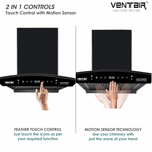 Image of Ventair 60 cm BLDC 1500 m3 /hr Filterless Autoclean Silent Kitchen Chimney (Auto Prince, BLDC Motor, 9 Speed Motion Sensor & Touch Control, Wall Mount, Curved Glass, Black, Made in India)