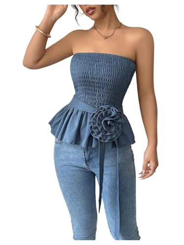 SOLY HUX Women's Y2k Strapless Tube Top Sleeveless Smocked Peplum Ruffle 3D Flower Belted Bandeau Tops