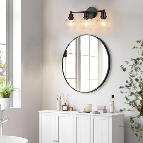 Image of Bathroom Vanity Light 3 Light, Black Bathroom Light Fixtures with Clear Globe Glass Shade, Matted Black Wall Sconce Over Mirror for Kitchen, Living Room