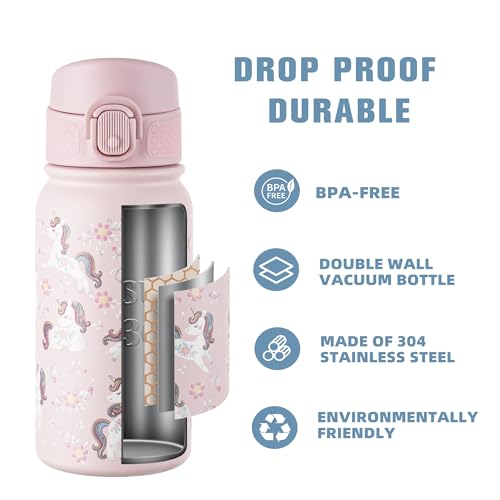 Image of GOPPUS Kids 12oz Insulated Stainless Steel Water Bottle, Leakproof Vacuum Tumbler with Carry Handle, Fits Cup Holders, Reusable Water Bottle for School Outdoor, Boys & Girls(Pink Unicorn)
