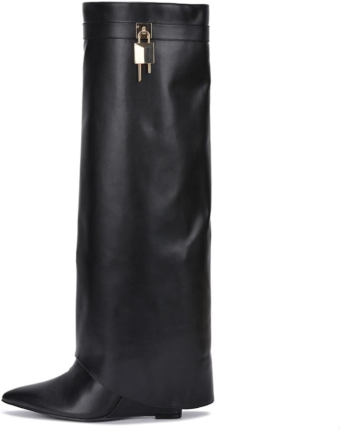 Cape Robbin Women's Knee High Boots Wedge - Shark Boots with Padlock Detail, Pointed Toe Fold Over Leather Boots for Women, Inner Zip Closure Chunky Heel Boots (Valeri-3)