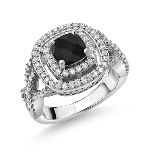 Gem Stone King Double Halo Engagement Ring For Women | Wedding Anniversary Promise Ring | 925 Sterling Silver | 6MM Cushion Gemstone Birthstone and White Moissanite | Available In Size 5, 6, 7, 8, 9