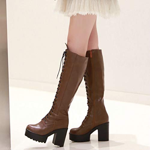 Image of Parisuit Women's Knee High Goth Platform Boots Lace Up Combat Boots | Chunky High Heel, Buckle Boots, Punk Chain Boots