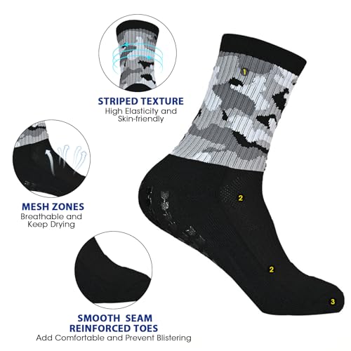 Hiking Camo Sports Socks Camouflage Athletic Non-Slip Socks with PVC Grip Elastic Cushioned Sock for Basketball, Running, Outdoor Activities (3-Pair, Black/Gray)4