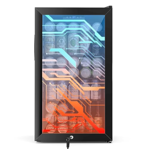 Image of 17 inch Beverage Refrigerator with LED Light Up Door - 128 Can Freestanding Drink Fridge, Small Beer Cooler with 4 Removable Shelves, Child Safety Lockfor Gaming Room Home Bar Party,Cyberpunk