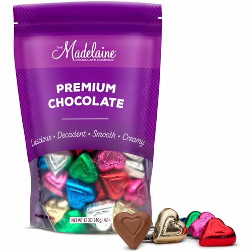 Madelaine Chocolate Company Solid Premium Milk Chocolate Mini Hearts - American-Made, Swiss-Formulated - Individually Wrapped in Rainbow Foil, 12oz