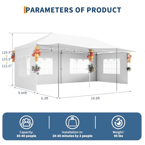 10x20 Pop Up Canopy, Commercial Heavy Duty Canopy Tents for Parties with Roller Bag, 10x20 Tents with 6 Removable Sidewalls, Upgraded Thickened Legs, 6 Sand Bags, White