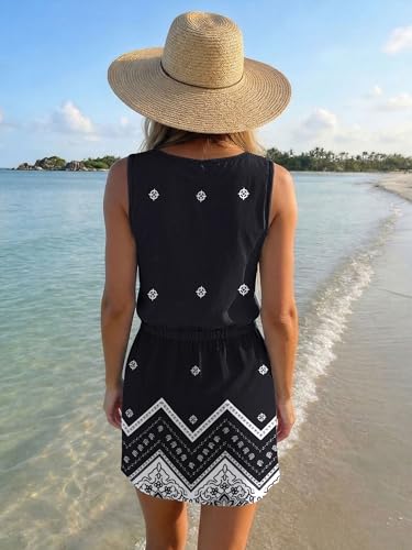Image of SAUKOLE Womens Summer Causal Loose Sleeveless Crew Neck Drawstring Waist Mini Short Dress with Pockets