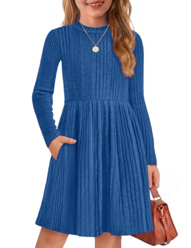 Image of Arshiner Girls Dresses Long Sleeve A Line Knit Sweater Dress with Pockets