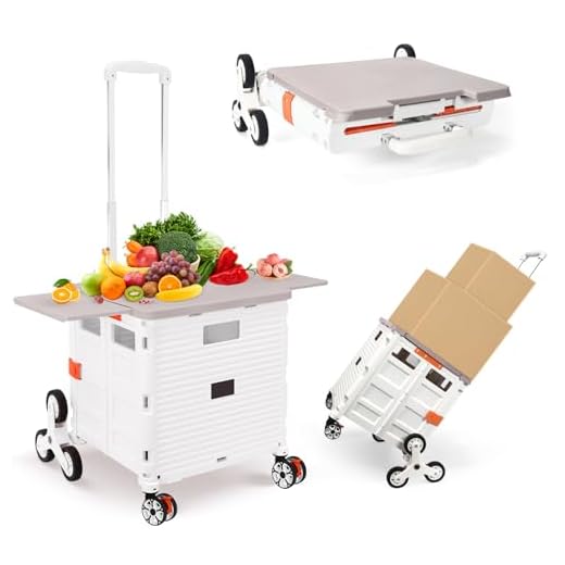 Foldable Utility Cart with Stair Climbing Wheels,Collapsible Rolling Crate with Magnetic Lid Telescopic Cover,Telescoping Handle,360° Rotate Wheel Hand Cart for Teacher Shopping Moving(Milky White)