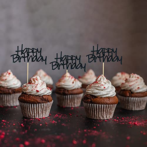 Arthsdite 24Pcs Happy Birthday Cupcake Toppers Pre-Assembled Black Glitter Cake Food Fruit Picks For Celebrating Birthday Party Decoration Supplies #TOP3