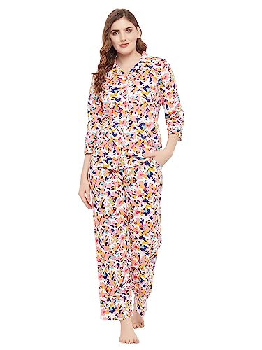 Image of Clovia Women's Cotton Camouflage Print Button Down Shirt & Pyjama Set in Multi