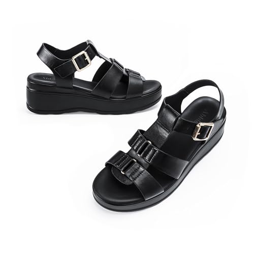 Image of Platform Sandals Women Chunky Wedge Sandals for Women Comfortable | Women's Flat Summer Shoes Round Open Toe with Arch Support Wide Strap Faux Leather Wedges for Beach Camping Travel Office