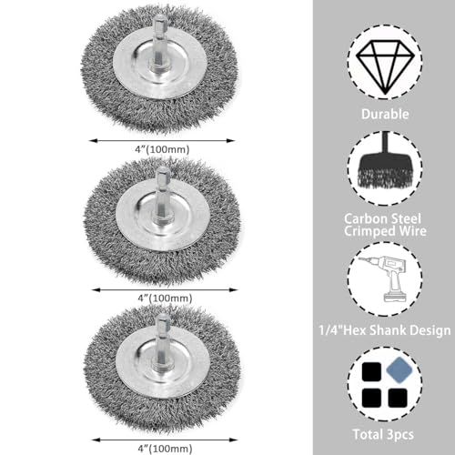 Image of Wire Brush for Drill, 3pcs 4 Inch Wire Wheel Brush Cup Set, 0.012 Inch Coarse Carbon Steel Crimped Wheel with 1 /4-Inch Hex Shank for Rust Removal, Clean Paint ,Corrosion
