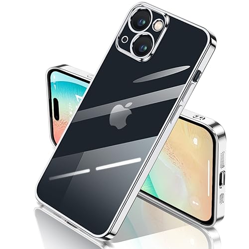 iPhone15 用 ケース クリア 透明 アイフォン15 カバー 耐衝撃 TPU 素材 メッキ枠 薄型 軽量 ソフト メッキ加工 人気(シルバー)