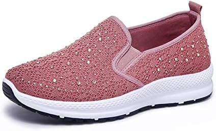PURCHAWEE Women Mesh Rhinestones Slip On Walking Shoes Sneakers,Casual Comfort Breathable Lightweight Good Arch Support Flat Nurse Shoes (8,Pink,8)