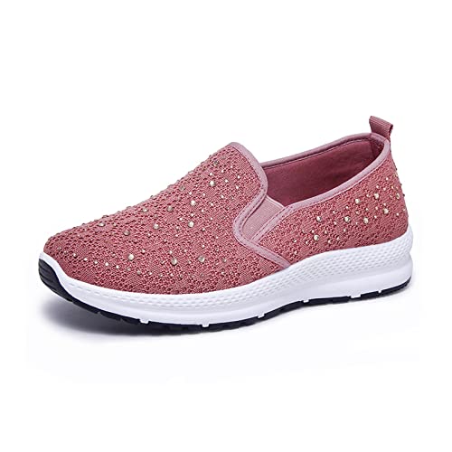 Purchawee Women Mesh Rhinestones Slip On Walking Shoes Sneakers,Casual Comfort Breathable Lightweight Good Arch Support Flat Nurse Shoes (8,Pink,8) #TOP22