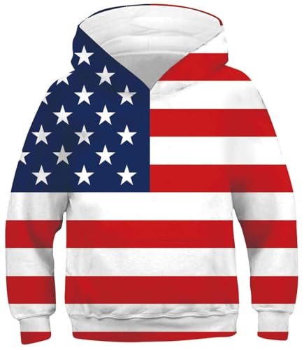 Image of Kid Hoodies Red White Sweatshirts for Boys Hooded Sweater USA Flag Pullover Size 14-16 Years Teens Bright Long Sleeve Shirts