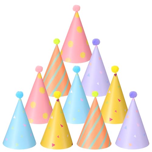 HaiFafafaing 10 PCS Party Hats for Stuffed Animals Colorful Paper Mini Stuffed Animal Party Hat with Pom Poms Cute Cone Tiny Birthday Hat for Kittens Rabbits Small Animals Birthday Decoration