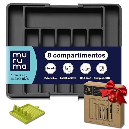 MURUMA Cubertero Extensible para Cajón de Cocina 33‑57 cm – Organizador de Cubiertos 6‑8 Compartimentos con Reposa Cucharones – Bandeja Porta Cubiertos BPA Free Negro