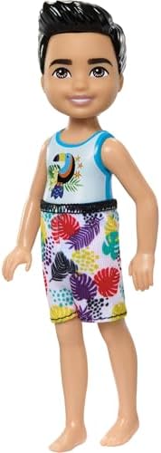 Barbie Chelsea Small Doll Featuring Swimsuit with Toucan & Tropical Leaf Graphic Print, Black Hair & Brown Eyes