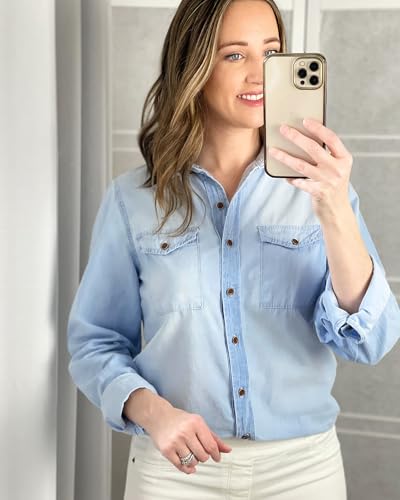 Vetinee Women's Light Blue Button Down Denim Shirt Collared Classical Casual Vintage Retro Long Sleeve Pockets Tunic Fall Tops Blouse Size Large - image 8