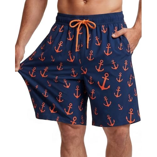 9 Inch Men Swim Trunks with Mesh Lining Breathable Quick Dry Drawstring Pockets for Summer Beach Travel Cruise 4X-Large Navy Anchor
