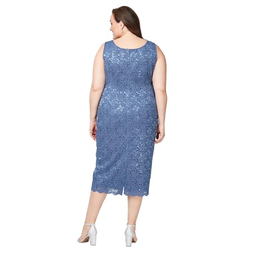 Image of S.L. Fashions Women's Tea Length Sequin Lace Mother of The Bride Dress with Illusion Sleeve Jacket