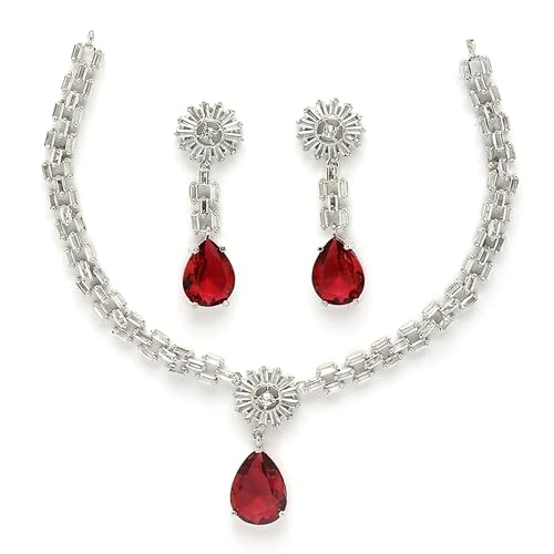 Image of ZENEME Rhodium Plated Brass Silver Toned Luxurious Sparkle Pink Necklace & Earring Jewellery Set For Women & Girls
