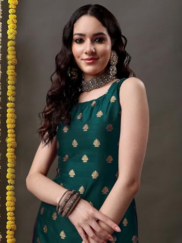 EthnicJunction Women's Embellished Woven Banarasi Silk Straight Sleeveless Kurta Pant with Dupatta Set | Wedding Kurta Set | Ethnic Set