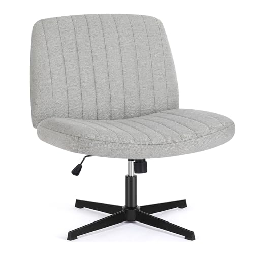 Image of DUMOS Criss Cross Chair No Wheel Legged Office Wide Comfy Desk Vanity Chair, Armless Computer Task Seating Comfy Fabric, Swivel Home Height Adjustable for Bedroom, Study, Grey No Wheel
