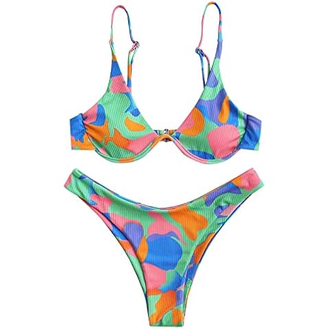 ZAFUL Underwire Colorblock Tie Side String Bikini Swimwear High Cut Thong Bikini Set Cover