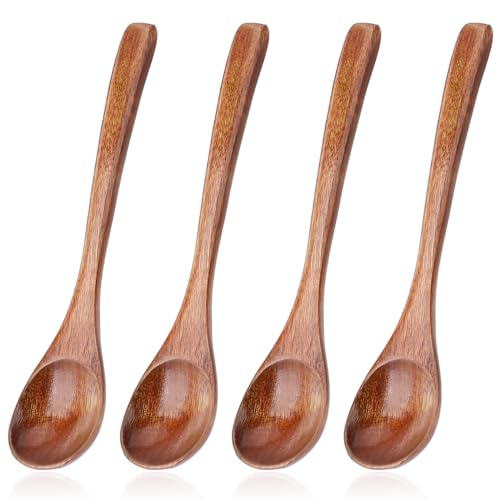 cobee Holzlöffel Klein, 4 Stück Langstieliger Holzlöffel Holzlöffel Kochen Suppenlöffel Langgriff Küchenutensilien Löffel Rühren Kochen Wooden Spoon für Zuhause Küche Restaurant(Phoebe)