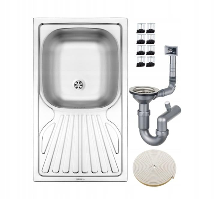 DomoDomo - Fregadero de acero inoxidable 76x43 cm encastrable con escurridor – fregadero de cocina de 1 cubeta sin orificio para grifo, incluye sifón y accesorios de montaje