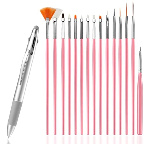 16 Pcs Pinceles Para Uñas, 15 Pinceles Uñas y 5 en 1 Punzones para gel UV, diseño de uñas, Doble Dotting Punta para Puntos, Gemas, Degradados, Polvo de Cromo