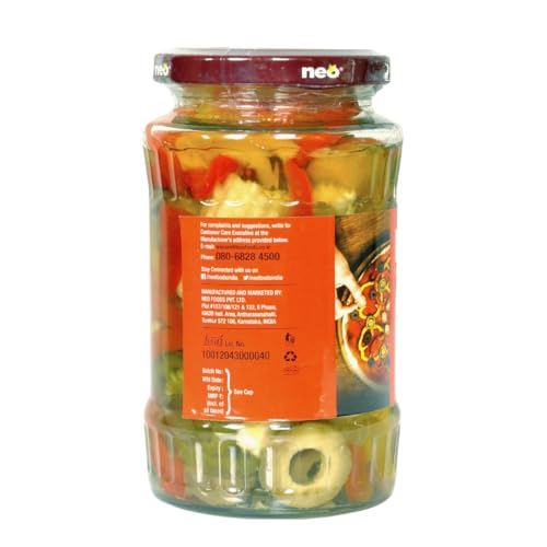 Image of Neo Pizza Topping 350g I Ready-to-Eat, Fibre-Rich l Jalapeno, Olive, Baby Corn, Yellow and Red Bell Pepper I Enjoy as topping for Pizza, Pasta, Salads, Burger & Wraps l Non-GMO I100 % Vegan (Pack of 1)