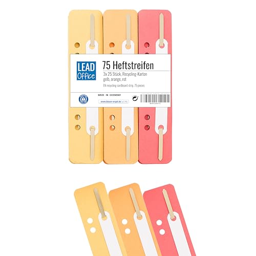 75 Heftstreifen - Pappe, Recycling-Karton, 3 Bündel á 25 Stück - MADE IN GERMANY, Blauer Engel zertifiziert (gelb, orange, rot)