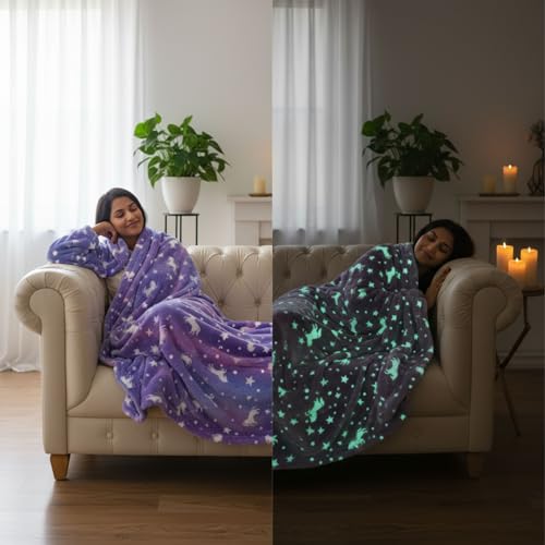 Image of Famyo Glow in The Dark Winter Blanket | Soft & Cozy Flannel Fleece Throw | Blanket for Winter Double Size, | Perfect All-Season Warm Blanket for Double /Queen Bed (Purple Unicorn, 200x152 cm)