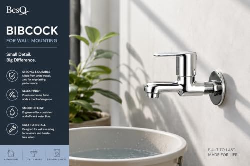 Image of Wall Mounted Bib Cock | Faucet for Bathroom, Kitchen Wash Basin and Utility Areas | Heavy Duty Brass Construction with Mirror Chrome Finish | Smooth Single Lever Water Tap for Residential