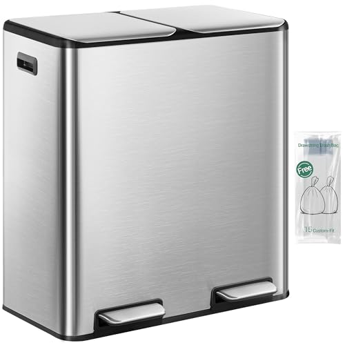 Hzuaneri Poubelle Cuisine, 60L (2 x 30 L), Poubelle Tri Selectif 2, Poubelles Tri avec Pédale Acier Inoxydable, Ilencieux et retombe lentement, avec 15 Sacs...