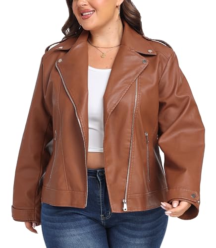wantdo Leather Jacket Women Plus Size Bomber Biker Jacket Brown 1X