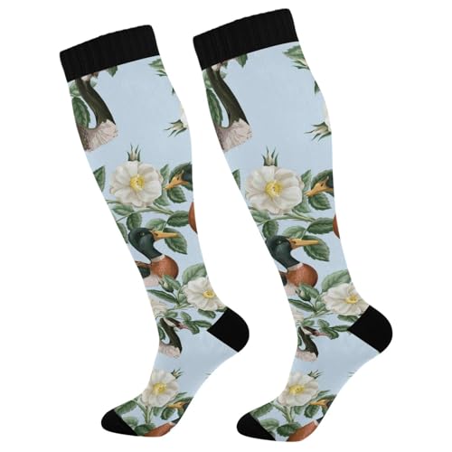 Mallard Ducks Rose Compression Socks for Women Men Christmas Circulation Long Knee Socks for Winter Warm Stockings Socks