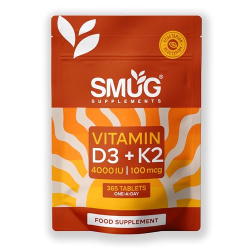 Vitamin D3 4000 iu & Vitamin K2 MK7 100μg - 1 Year Supply - 365 British Made Vitamin D3 K2 Tablets, High Strength Vegetarian D3 and K2 Vitamin by Smug Supplements