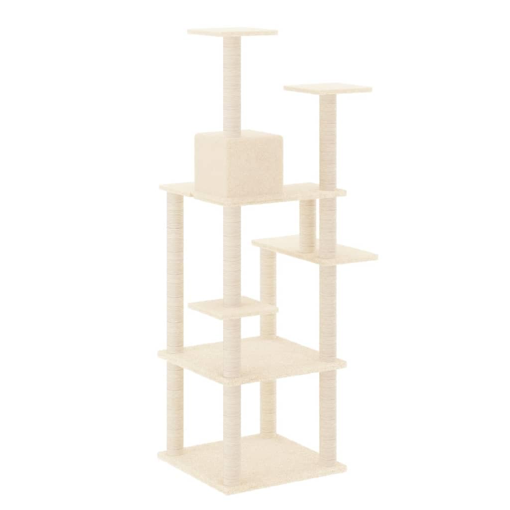 Rascador para gatos con columnas de sisal y felpa, color crema, 47 x 47 x 153 cm, material de madera estable, cueva, plataforma de observación, muebles de juego para interiores, protección de