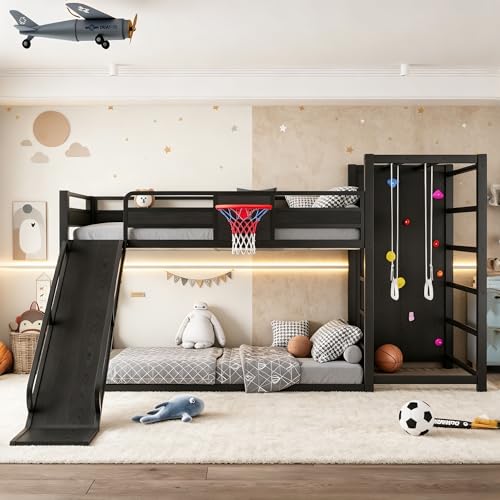 Image of Bellemave Twin XL Bunk Bed with Slide, Basketball Hoop & Climbing Wall, Heavy Duty Bunk Beds Twin XL with Guardrails, Low Bunk Bed for Bedrooms, Nursery, No Box Spring Needed, Black