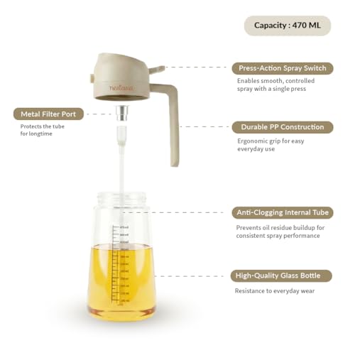 Image of Nestasia 2 in 1 Oil Sprayer & Dispenser Glass Bottle for Kitchen (470ml) - Vinegar & Olive Oil Bottle with Measuring Spoon for Healthy Cooking, Salad Dressing, Air Fryer, BBQ & Grilling (Beige)